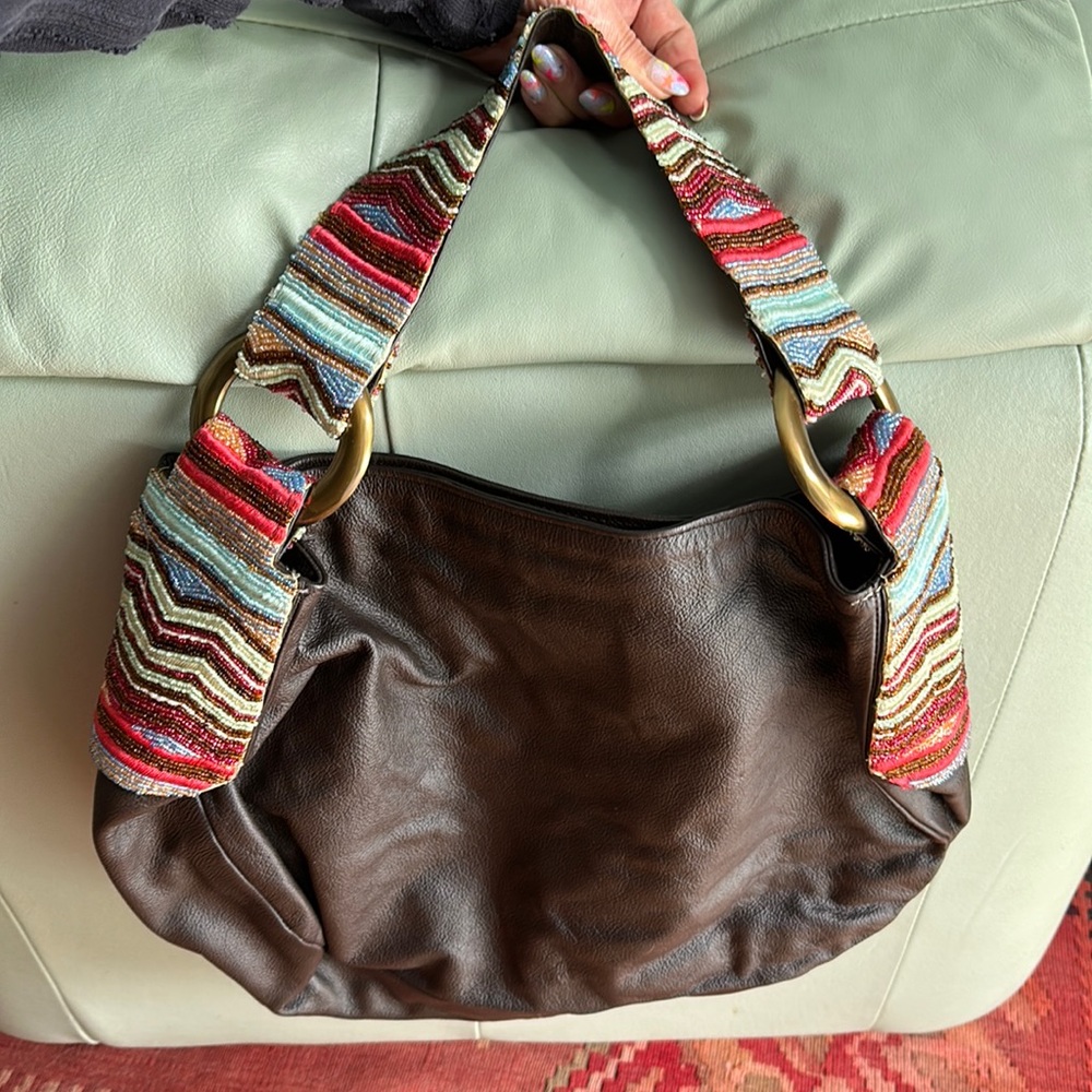 Santi Brown Leather Beaded Strap Purse Bucket Bag, Large